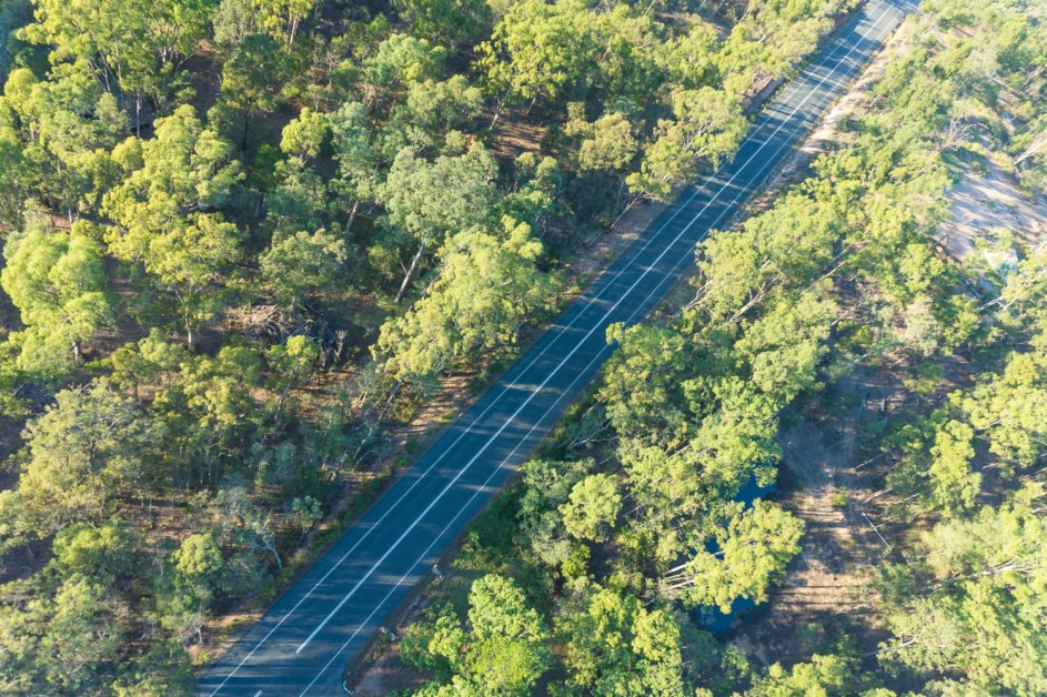 looking down on road from hot air balloon 